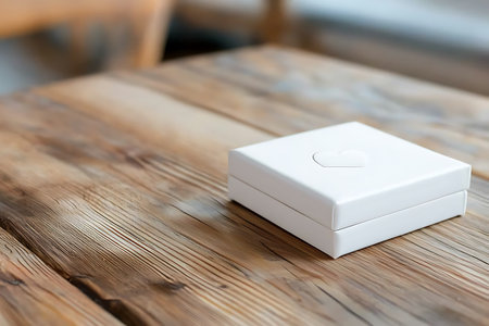 White box with a heart on a wooden table in a cafe.の素材