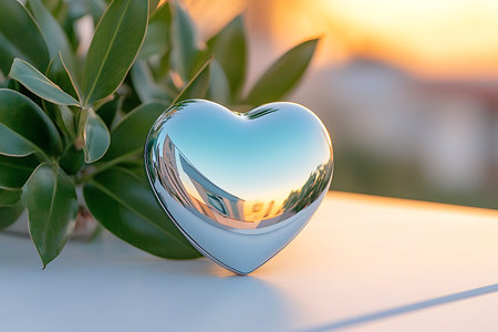heart-shaped glass on the background of the setting sun and a green plantの素材