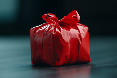 Red gift box with a red ribbon on a dark wooden background.の素材