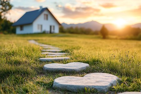 Stone pathway in the meadow with house in the background at sunsetの素材