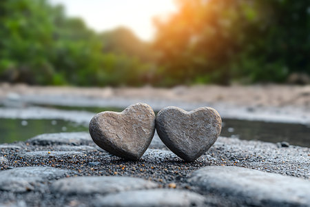 Two stone heart on the ground with nature background, love concept.の素材