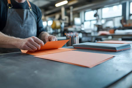 Close-up of a male worker working on a leather product in a workshopの素材
