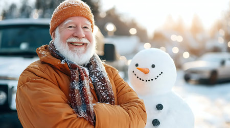 Portrait of a smiling senior man with a snowman in his handsの素材
