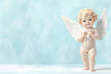Cute baby angel with wings on blue background. Copy space.の素材