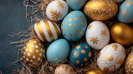 Colorful Easter eggs in nest on black background. 3d illustration