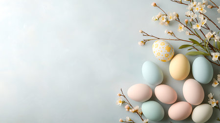 Easter eggs and spring flowers on light blue background. Top view with copy space