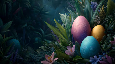 Easter eggs with flowers in the garden. 3D illustration.