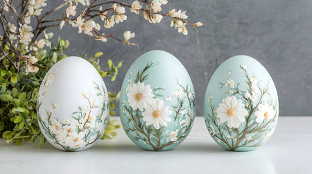 Easter eggs decorated with floral pattern and white flowers on a gray background