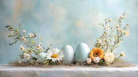 Easter eggs and flowers on a rustic background with copy space