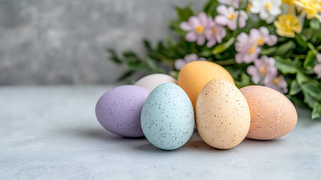 Colorful easter eggs and spring flowers on a gray background.
