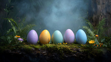 Easter eggs in the forest with fog and flowers. 3d render