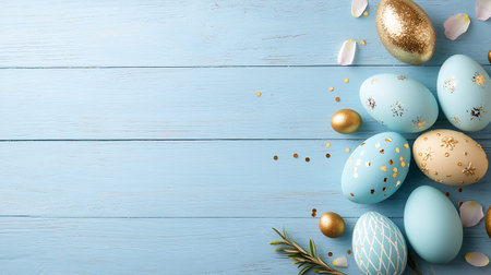 Colorful Easter eggs and flowers on blue wooden table, flat lay. Space for text