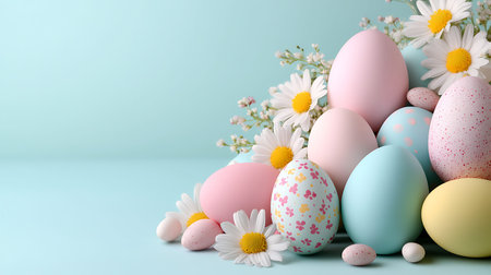 Easter eggs with daisies on a blue background with copy space