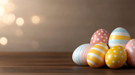 Easter eggs on wooden background with bokeh effect. 3d illustration