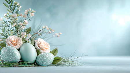 Easter eggs with flowers on a blue background. Place for text.