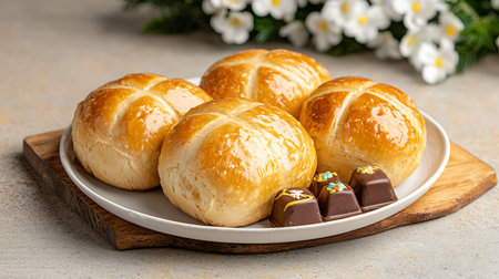 Baked buns with chocolate and flowers on a white plate.の写真素材