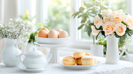 Easter table setting with eggs and muffins in a vaseの写真素材