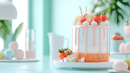 Birthday cake with strawberries and cream on table in room, closeup