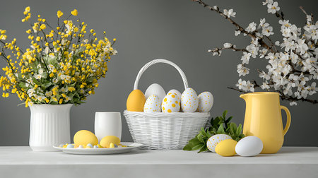 Easter basket with painted eggs and spring flowers. 3d render