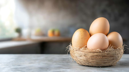 Eggs in basket on table in kitchen, space for textの写真素材