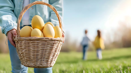 Basket with easter eggs in the hands of a mother and daughterの写真素材