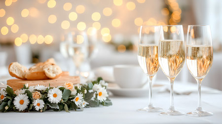 Glasses of champagne with chamomile flowers on blurred backgroundの写真素材