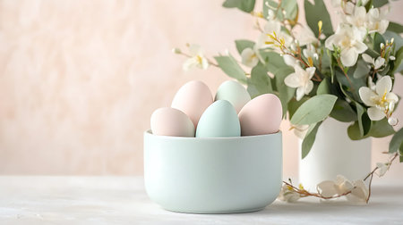 Easter eggs in a bowl on a table with spring flowers.