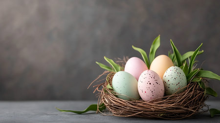 Easter eggs in a nest with green leaves on a gray background