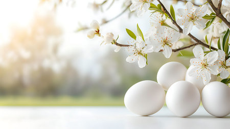 White easter eggs on the background of spring blooming tree.