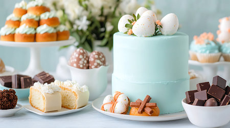 Easter cake with chocolate eggs and flowers on a white wooden background