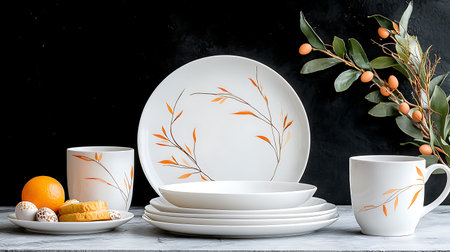 Set of ceramic tableware with branches and fruits on a black background