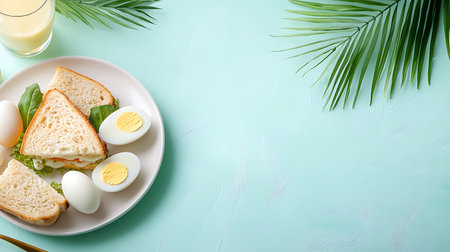 Tasty sandwich with egg and cheese on light green table, flat layの写真素材