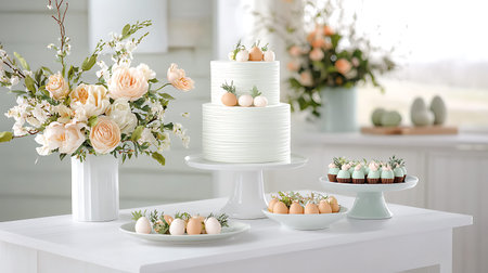 Beautiful wedding cake with flowers and eggs on table in white room