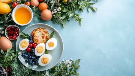 Healthy breakfast with eggs, berries, honey and toast on blue background