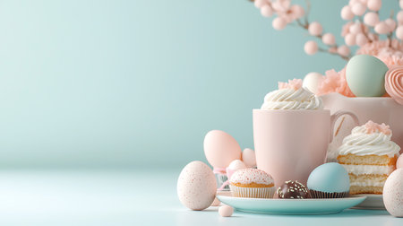 Cup of coffee with cake and easter eggs on pastel background