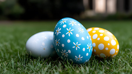 Colorful easter eggs on green grass background. Happy Easter!