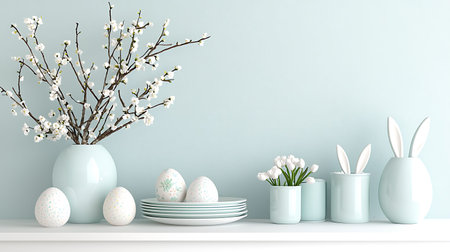 Easter background with flowers in blue vase and easter eggs. 3d rendering