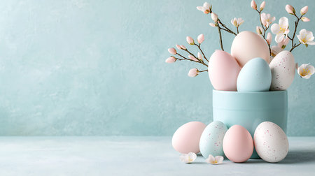 Easter eggs in a vase with spring flowers on a light blue background.