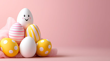3D render of Easter eggs with cute faces in pastel colors