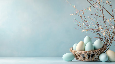 Easter eggs in a basket with branches on a blue background.