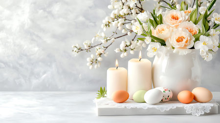 Beautiful Easter composition with eggs, flowers and candles on light backgroundの写真素材