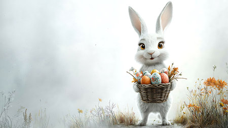 Easter bunny with basket of painted eggs on a foggy background