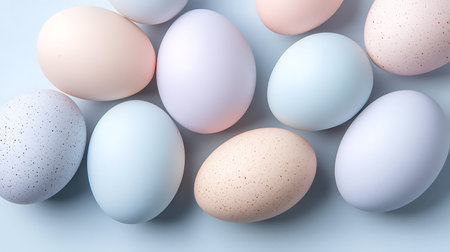 White and blue eggs on a light blue background. Top view.の写真素材