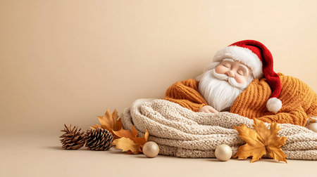 Funny Santa Claus with warm sweater and scarf on beige backgroundの写真素材