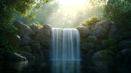 Waterfall in the forest with sunlight. 3d rendering and illustration.