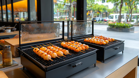 Grilled salmon skewers on a barbecue grill in a restaurant.