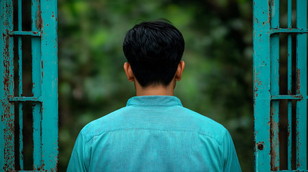 Rear view of a young man in a blue shirt standing with his back to the camera.
