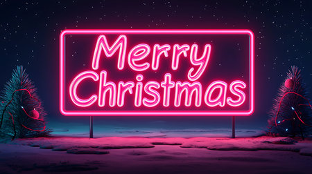 Neon sign Merry Christmas. Night winter landscape. Vector illustration.の写真素材
