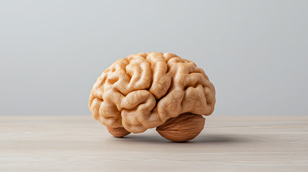 Human brain on a wooden table and gray background. Conceptual imageの写真素材