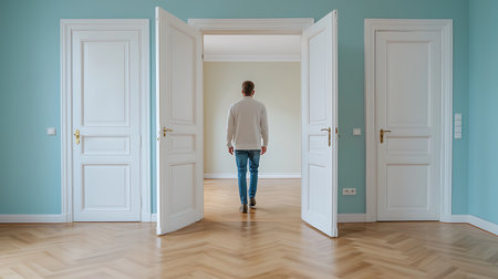 Young man walking in empty room with open door. Real estate conceptの写真素材